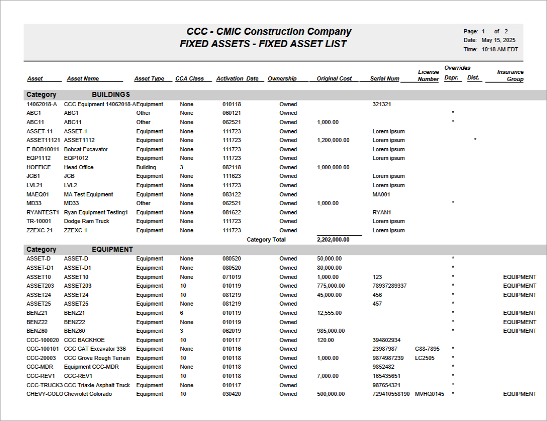 Sample of a generated Asset Listing report