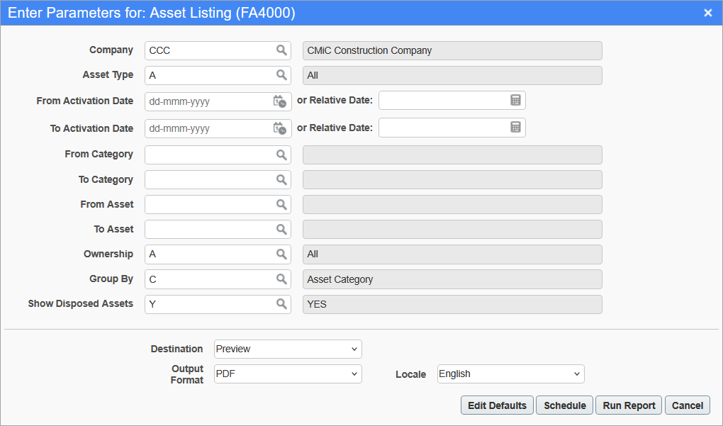 Parameters screen for the Asset Listing