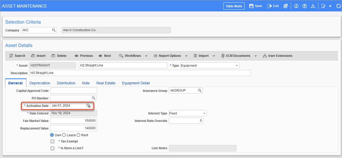 Activation Date of the asset on the Asset Maintenance screen