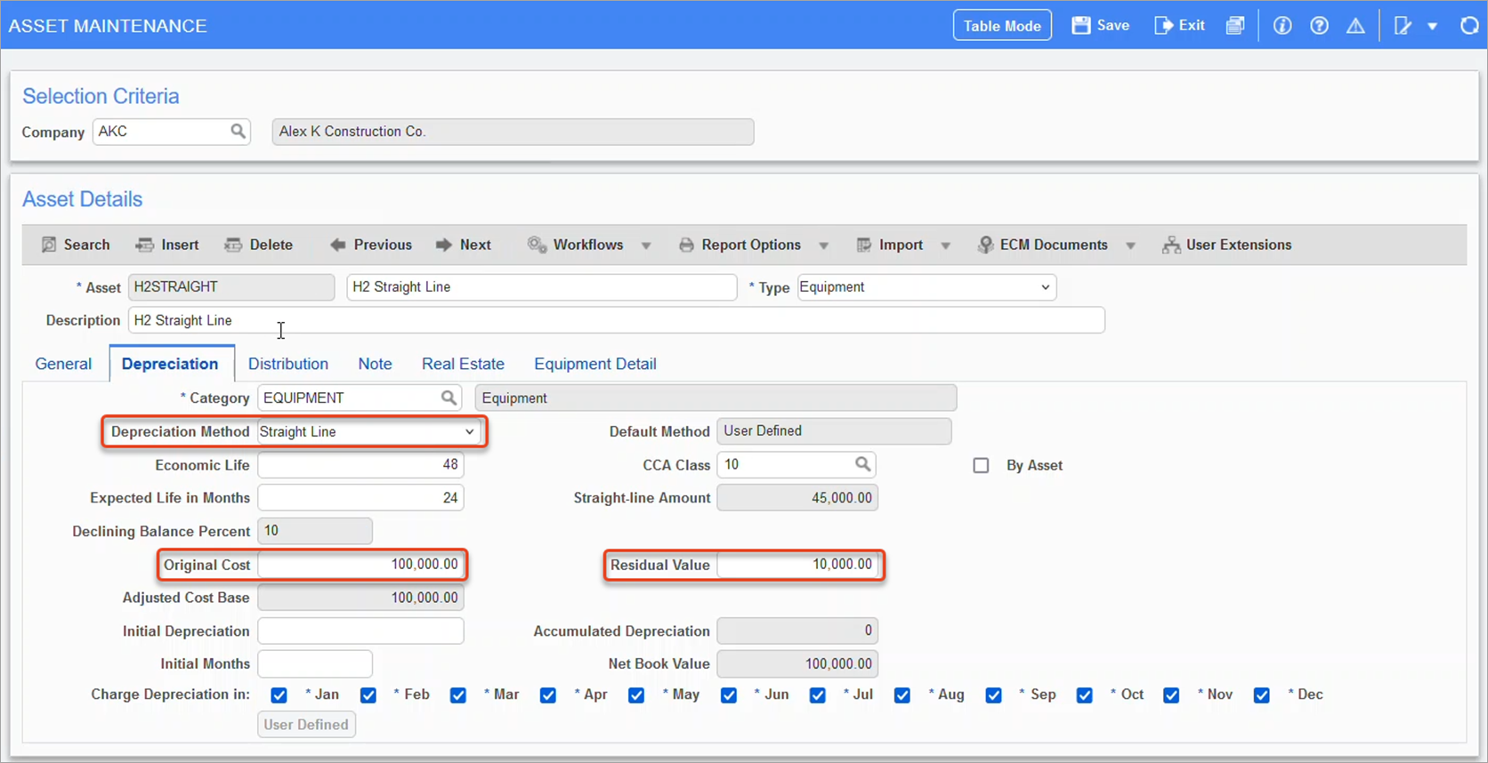 The Depreciation tab of the Asset Maintenance screen