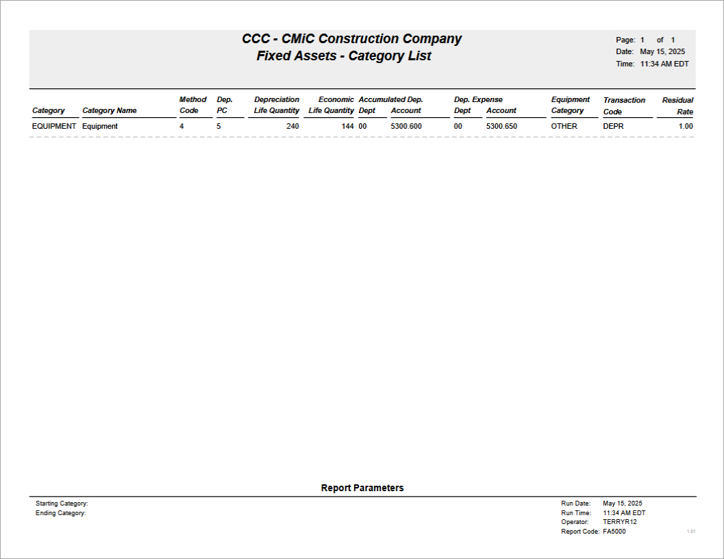 Fixed Assets - Category Listing