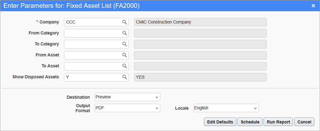 Parameter screen of the Fixed Asset List