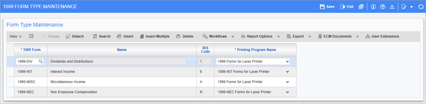 Screenshot of 1099 Form Type Maintenance.