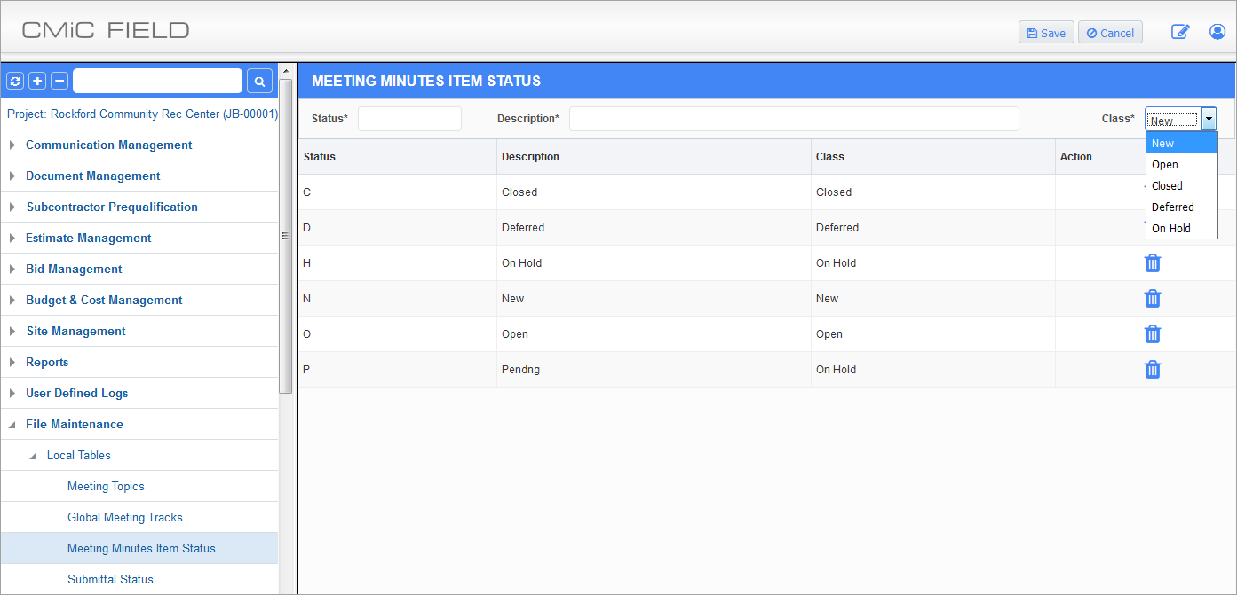Screenshot of  Meeting Minutes Item Status