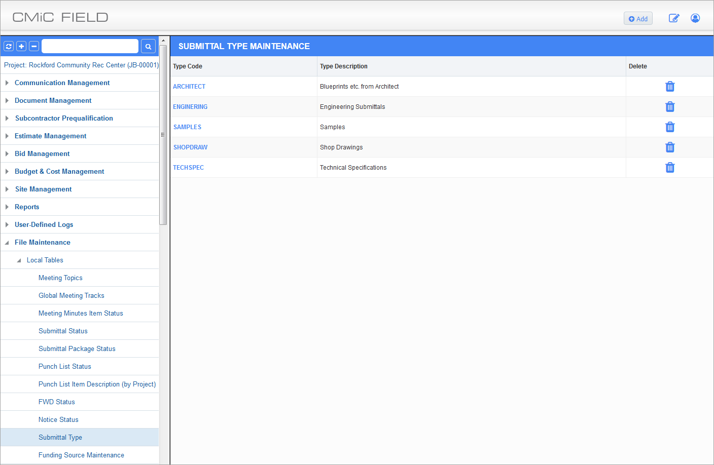Screenshot of Submittal Type Maintenance
