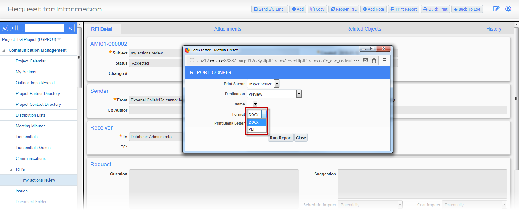 Screenshot of RFI Report Config pop-up with Format drop-down highlighted.