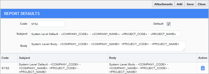 Example of default email subject/body for communications report