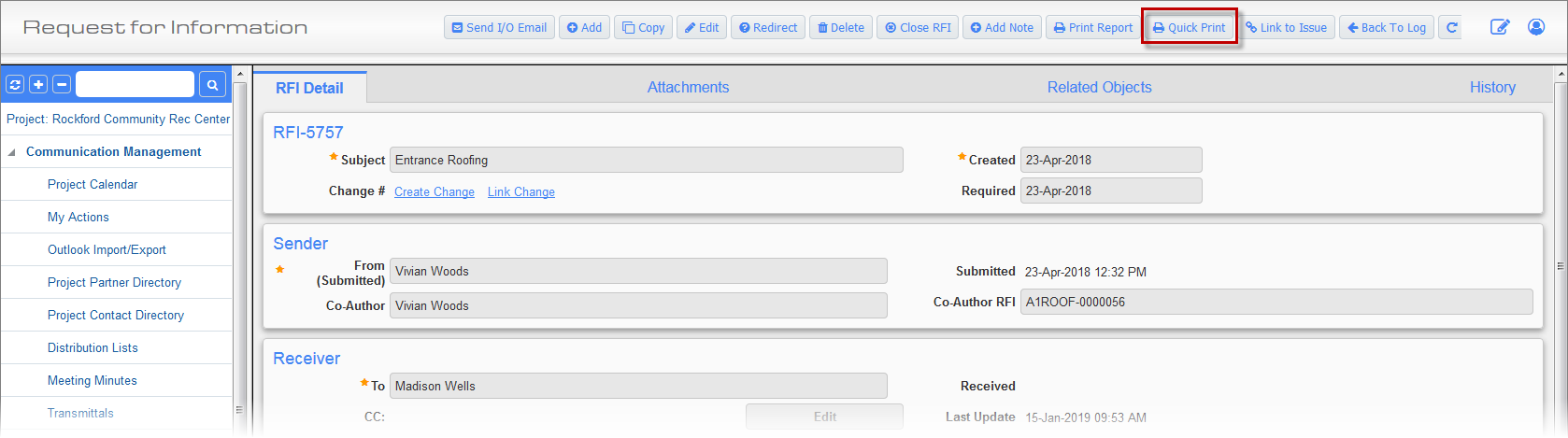 Screenshot of [Quick Print] button on RFI screen.