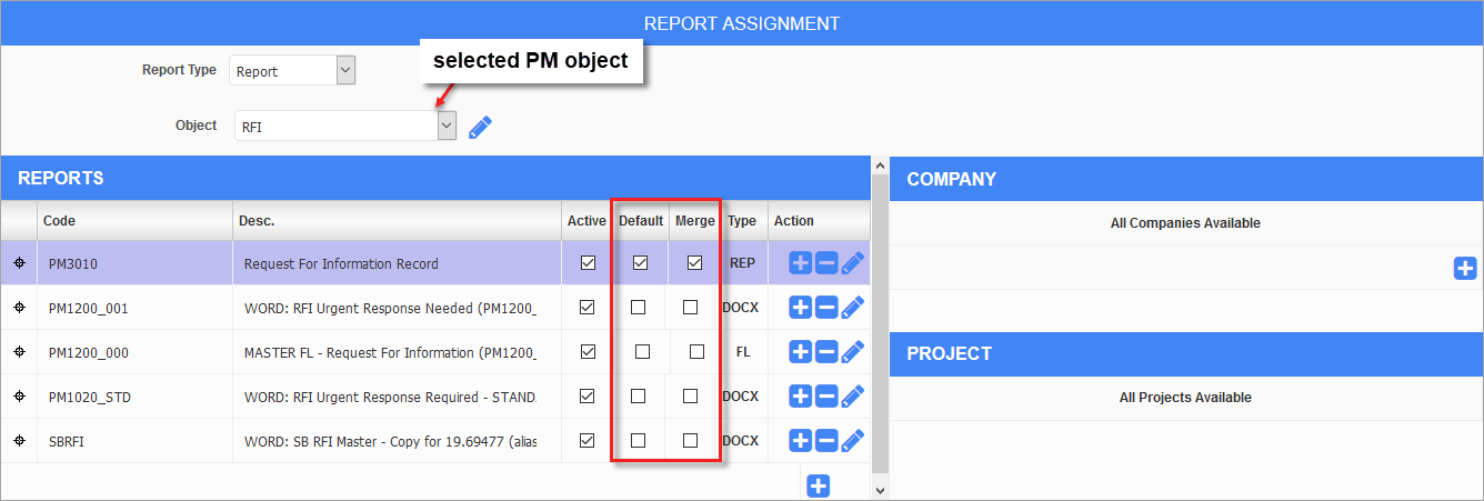 Screenshot of Report Assignment wit Default and Merge columns highlighted.