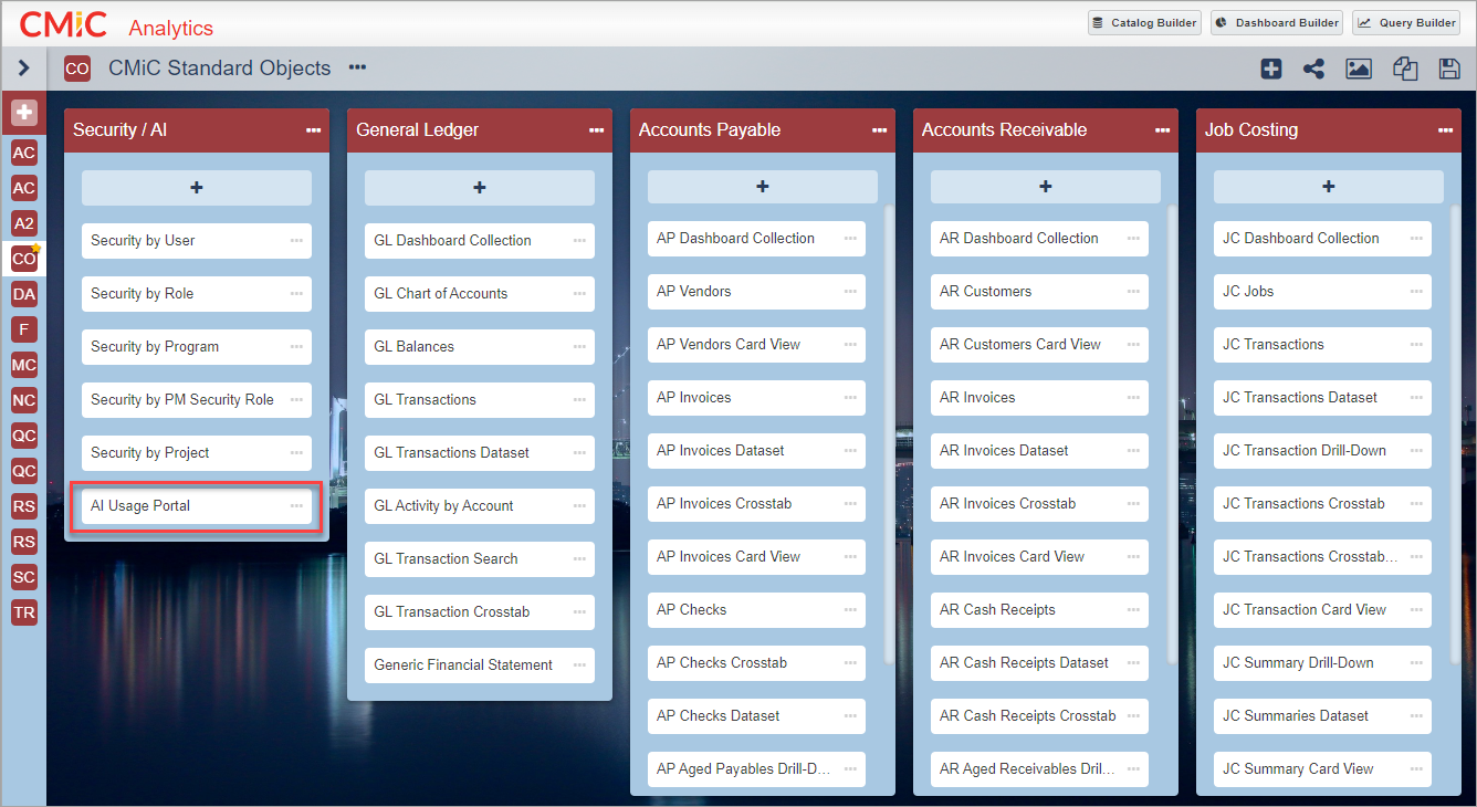 Screenshot of CMiC Standard Objects canvas with AI Usage Portal highlighted in Security/AI bucket.