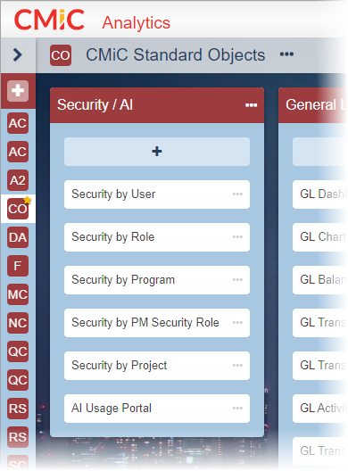 Screenshot of Security/AI bucket in the CMiC Standard Objects canvas.