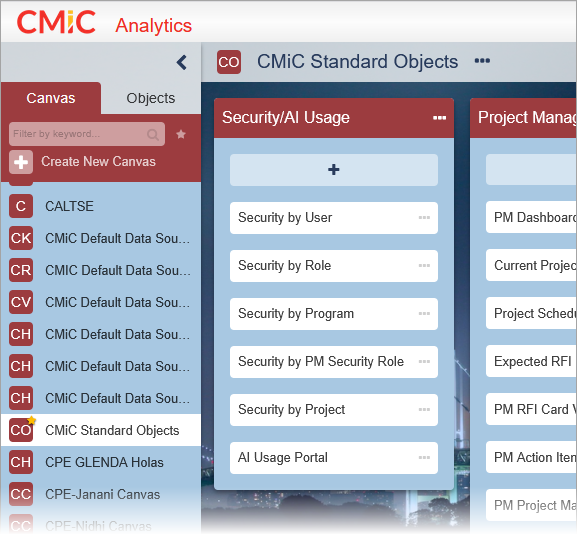 Screenshot of Security/AI Usage bucket in CMiC Standard Objects canvas.