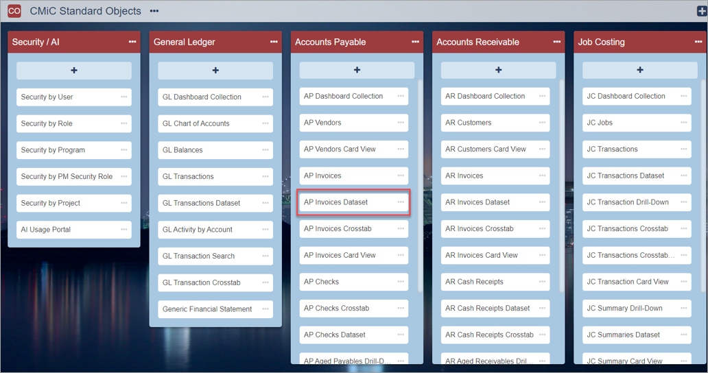 Screenshot of CMiC Standard Objects screen with AP Invoices Dataset highlighted.