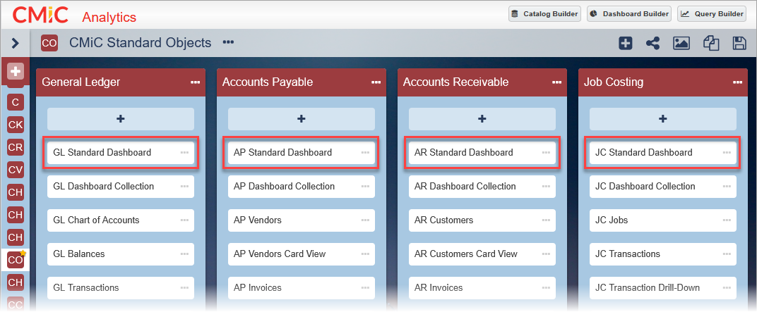 Screenshot of CMiC Standard Objects canas with Standard Dashboards highlighted.