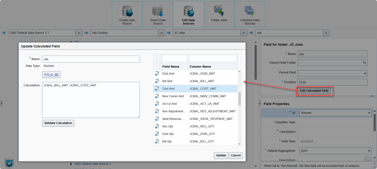 Screenshot of Update Calculated Field pop-up.