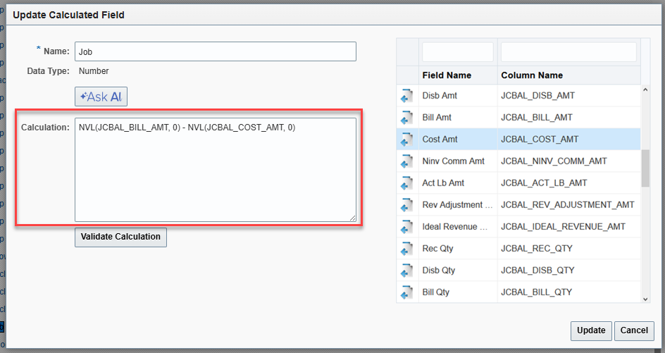 Screenshot of Update Calculated Field pop-up.