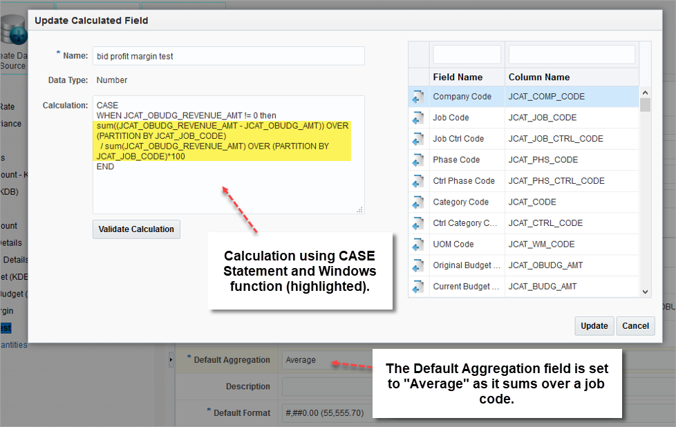 Screenshot of Update Calculated Field with windows function calculation.
