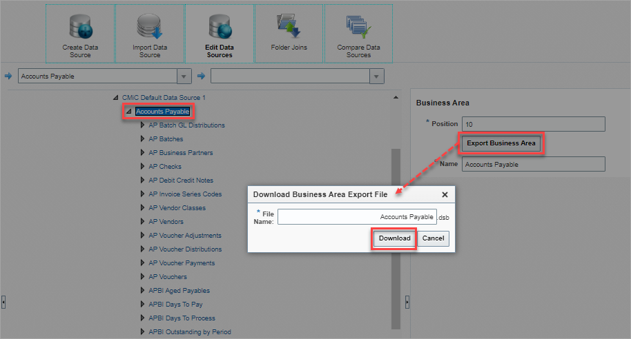 Screenshot of Download Business Area Export File pop-up window.