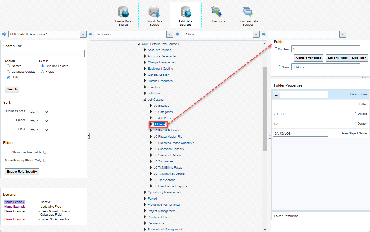 Screenshot of Edit Data Source screen with Folder panel displayed.