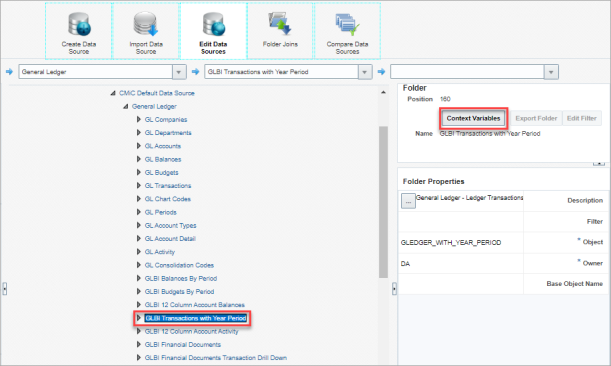 Screenshot of Edit Data Sources screen with [Context Variables] button highlighted in Folder panel.