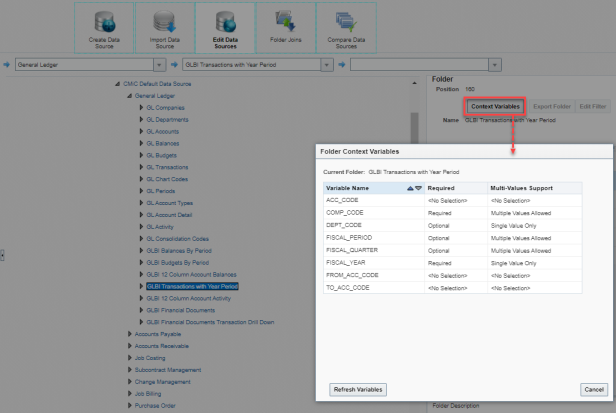 Screenshot of Folder Context Variables pop-up window.