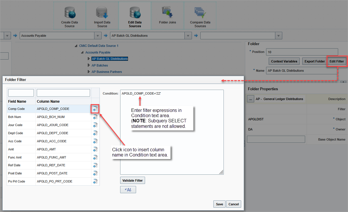 Screenshot of Folder Filter pop-up window.