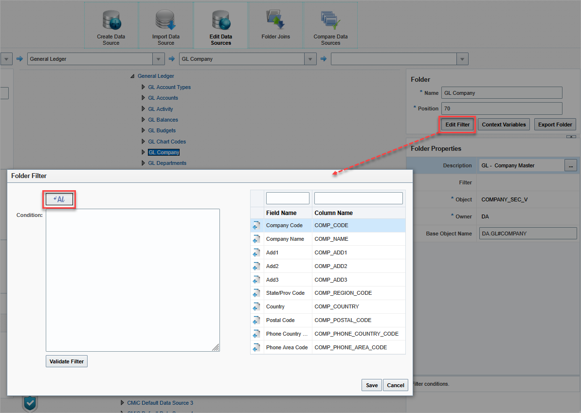 Screenshot of Folder Filter pop-up window with [AI] button highlighted.