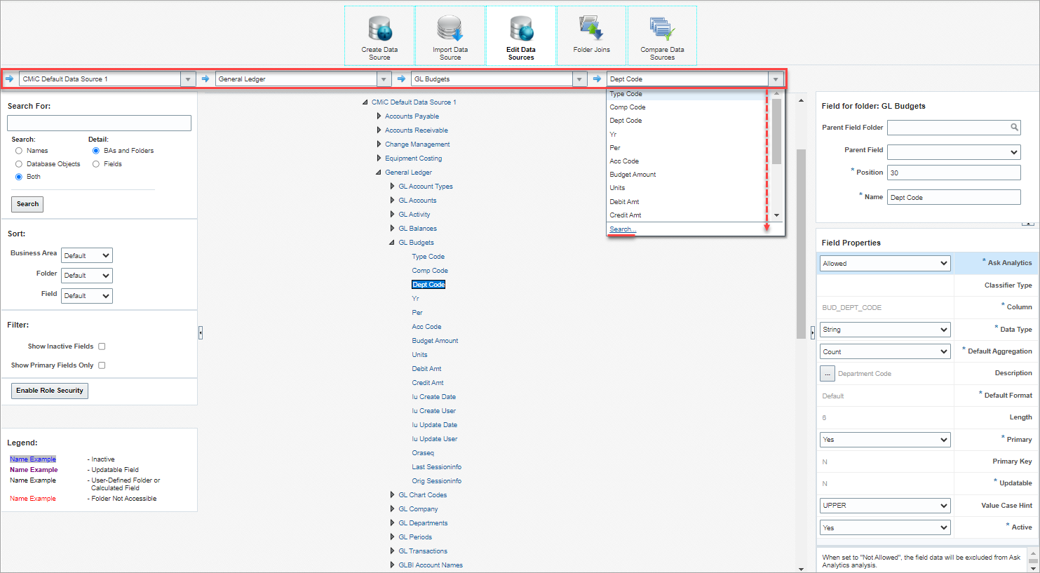 Screenshot of Edit Data Sources screen with Navigation Panel highlighted.