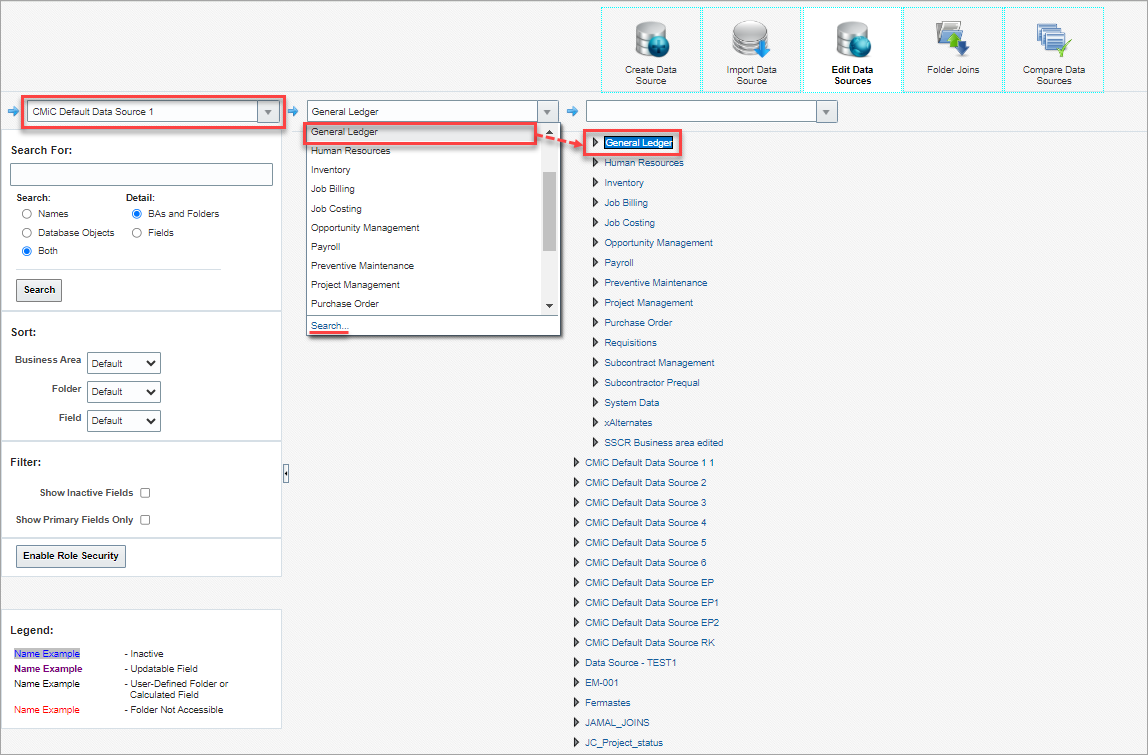 Screenshot of Edit Data Sources screen showing Navigation Panel's drop-down list.