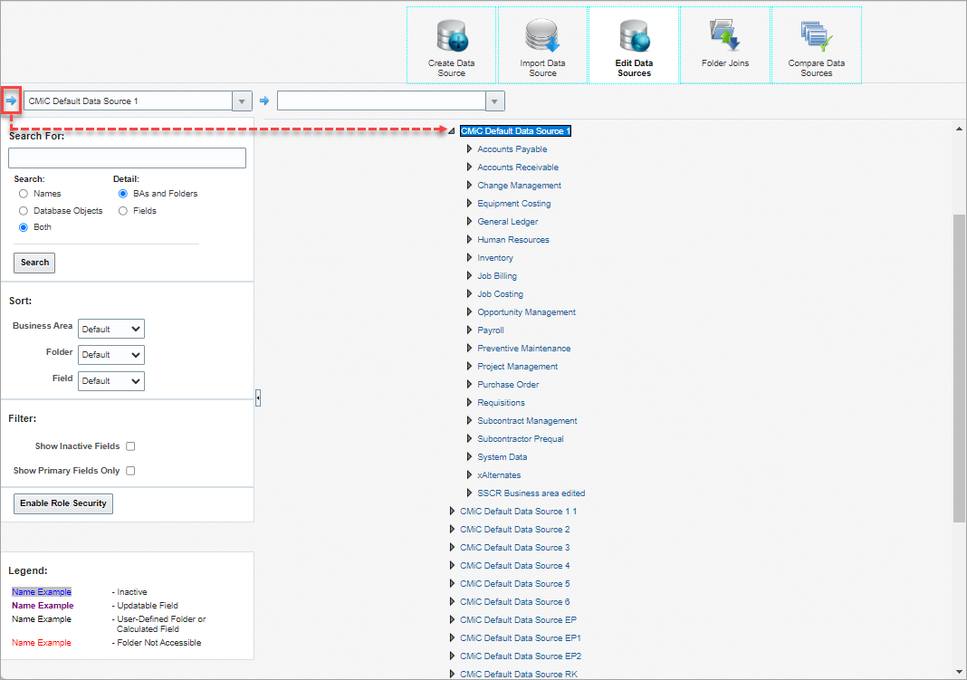 Screenshot of Edit Data Sources screen showing Navigational panel at the data source level.