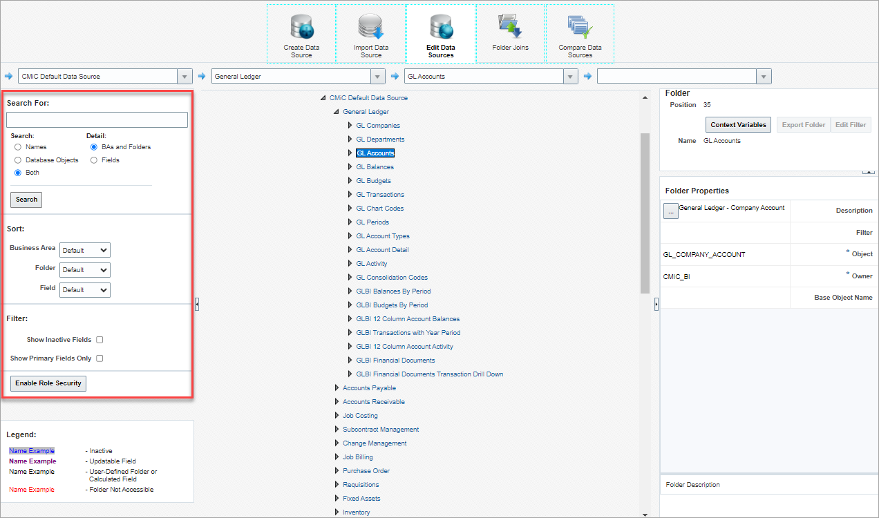 Screenshot of Edit Data Sources screen with Search panel highlighted.