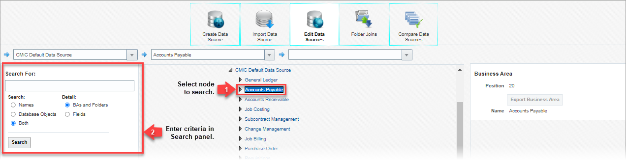 Screenshot of Edit Data Sources screen with Search panel highlighted.