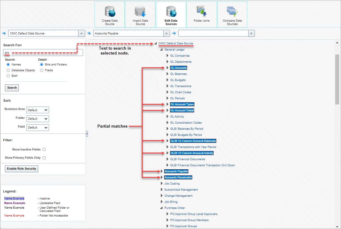 Screenshot of Edit Data Sources screen with search applied.