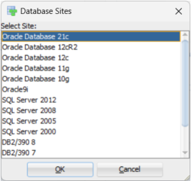 Screenshot of Database Sites pop-up window.