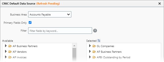 Screenshot of CMiC Default Data Source pop-up window with Refresh Pending.