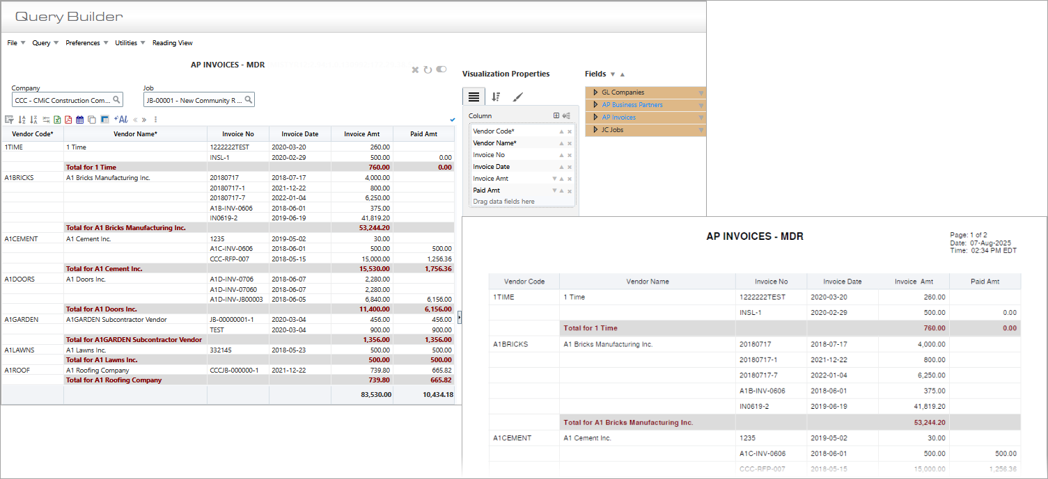 Screenshot of Query Builder screen with generated PDF report.