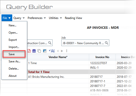 Screenshot of Query Builder's File menu drop-down with Save highlighted.