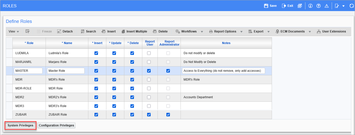 Screenshot of Security Roles screen.