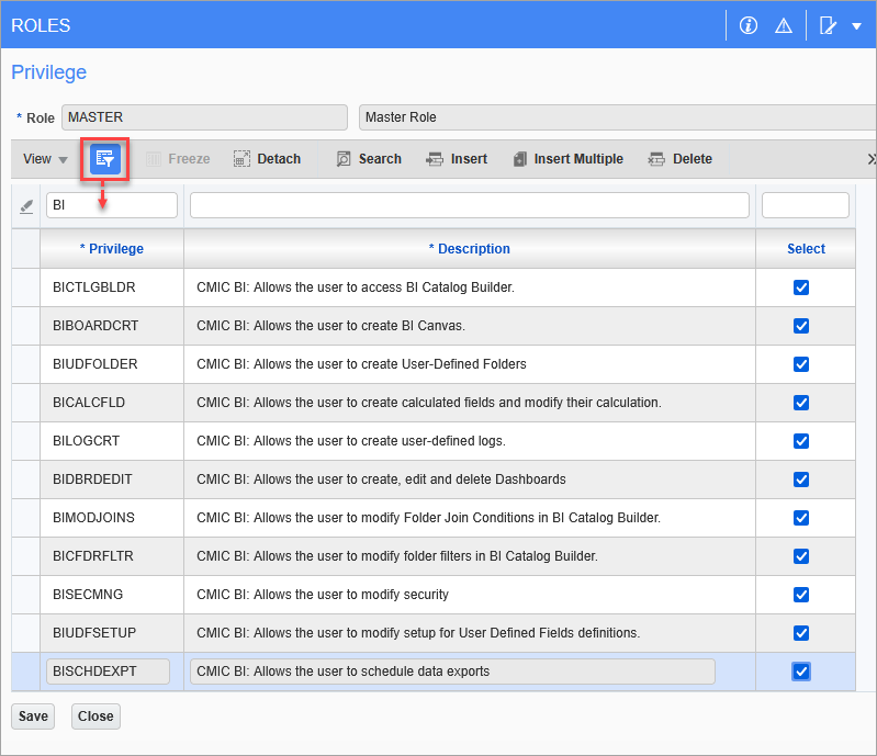 Screenshot of Security Roles screen.