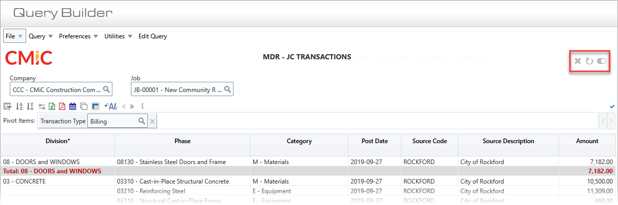 Screenshot of Query Builder screen with Runtime Toolbar highlighted.