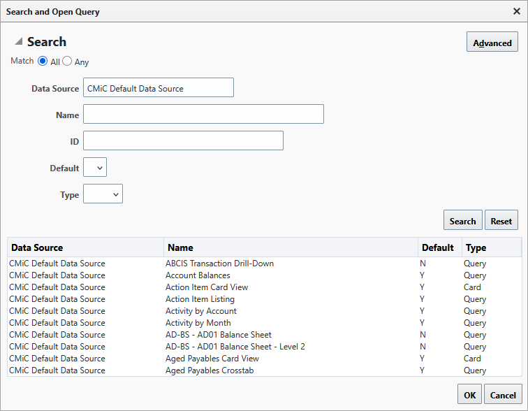 Screenshot of Search and Open Query pop-up window.