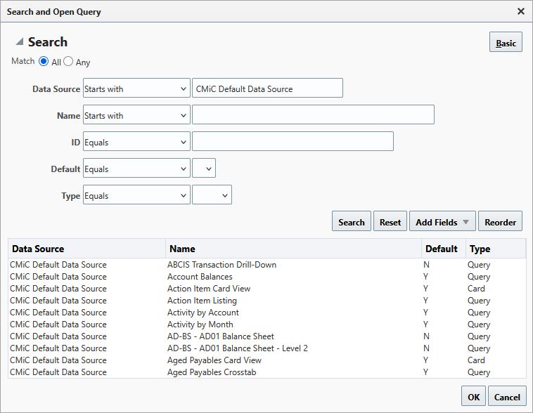 Screenshot of Search and Open Query pop-up window in Advanced mode.