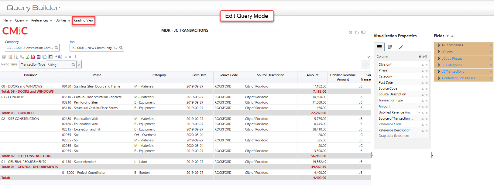 Screenshot of Query Builder screen in Edit mode.