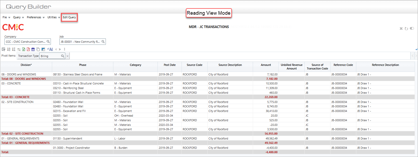 Screenshot of Query Builder screen in Reading View mode.