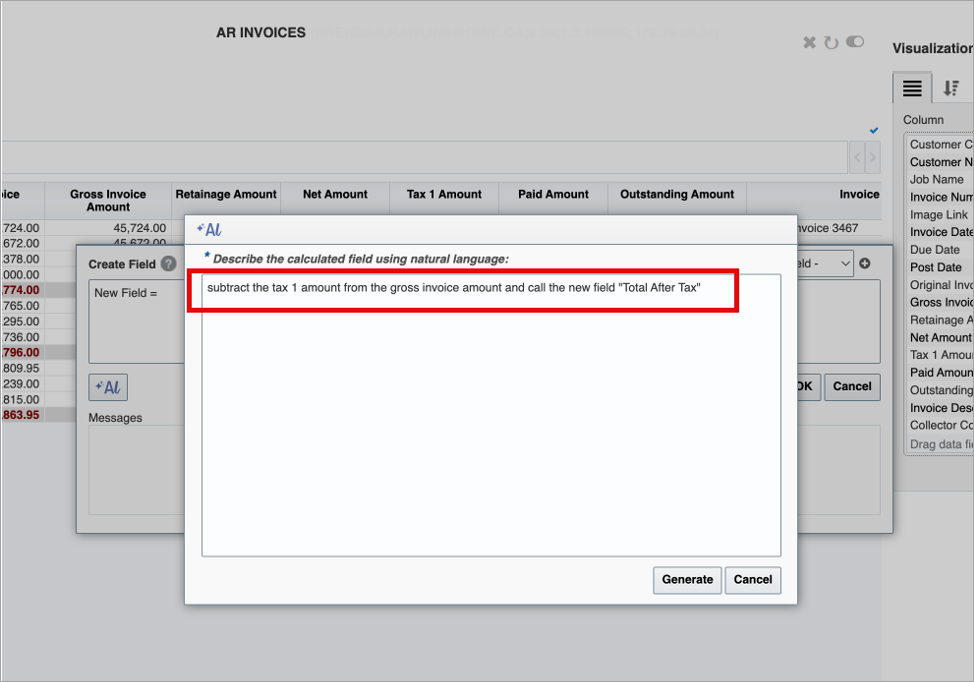 Screenshot of Adding New Calculated Field in BI Dashboard Builder using AI Assistant.