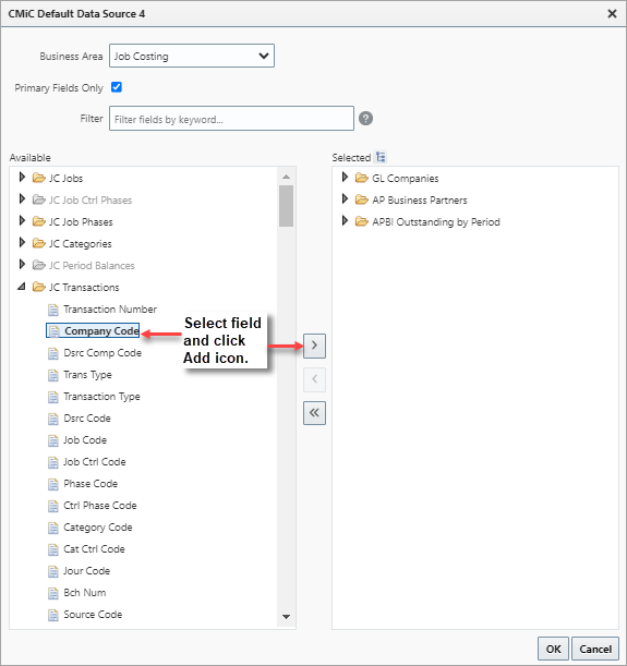 Screenshot of selecting and adding fields in the CMiC Default Data Source pop-up window.