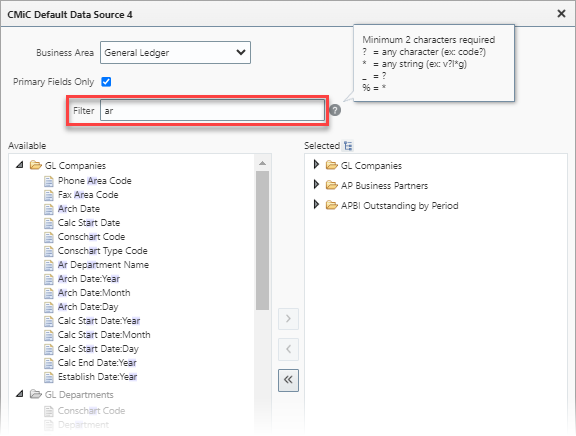 Screenshot of using the Filter feature in the CMiC Default Data Source pop-up window to search for specific fields.