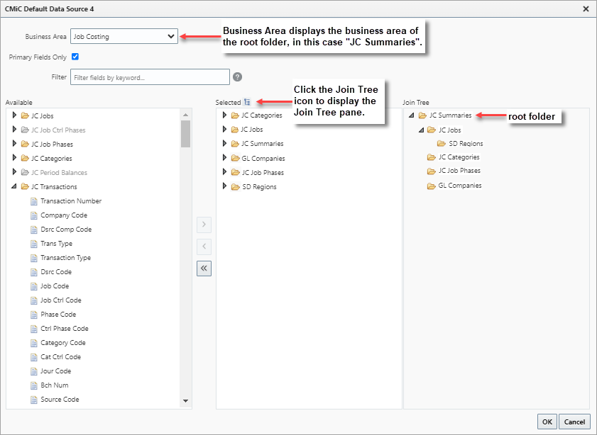 Screenshot of CMiC Default Data Source pop-up window using the Join Tree feature.