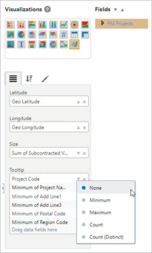 Screenshot of Bubble Map Visualization Plotting Fields with aggregation set to "None".