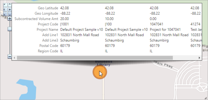 Screenshot of Bubble Map tooltip listing information of multiple entities at the same location.